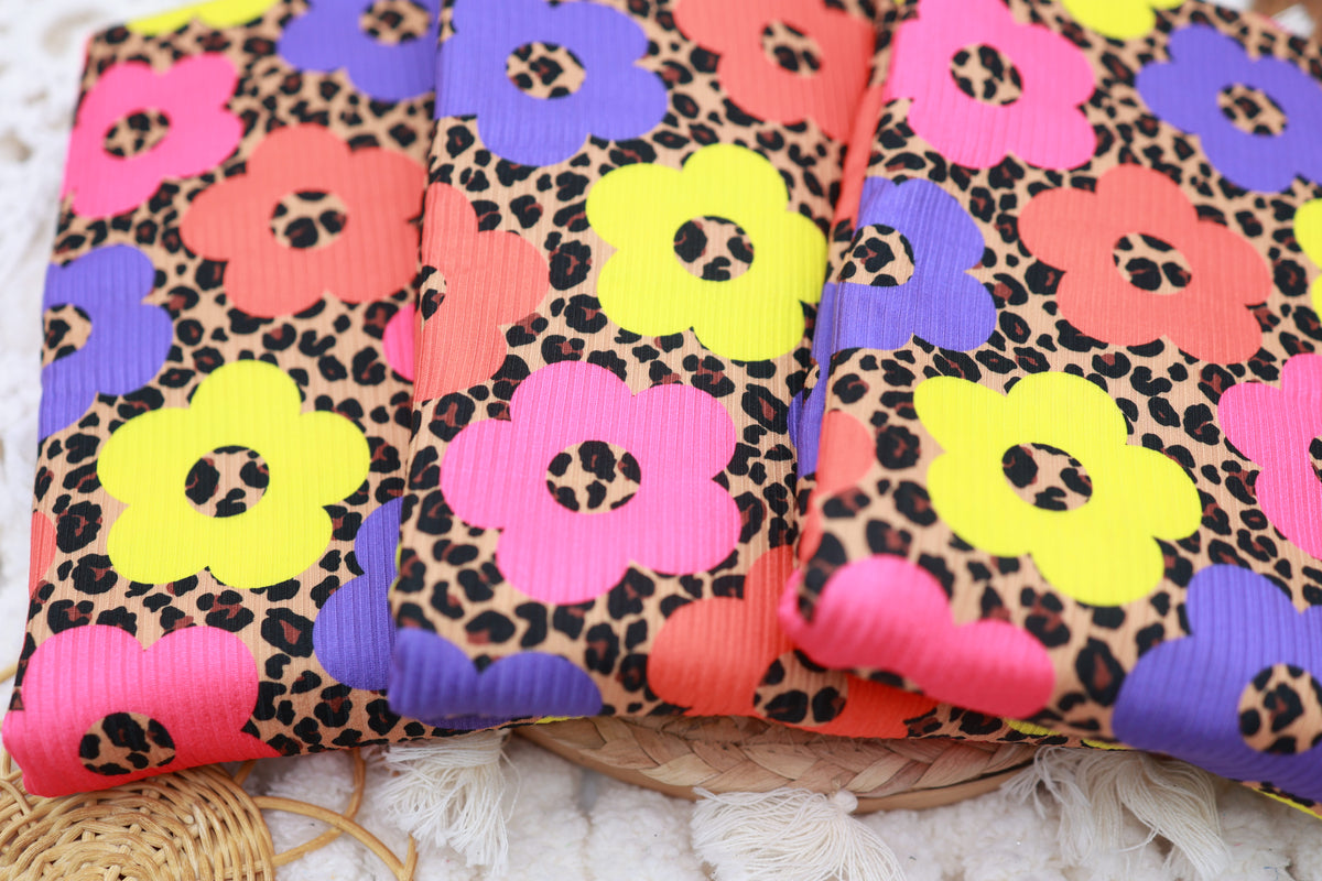 (Rib) Bright Florals On Leopard Purple/Orange/Pink/Yellow