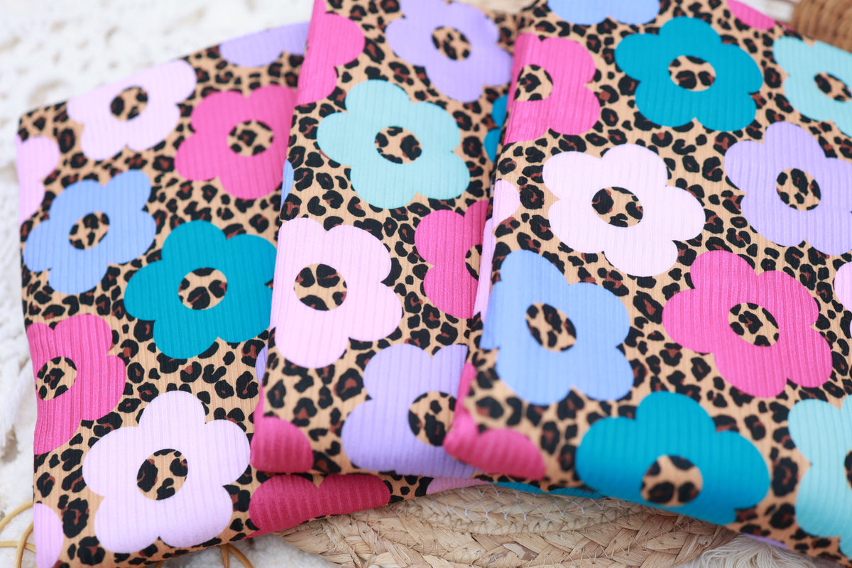 (Rib) Bright Florals On Leopard Purple/Pink/Teal/Mint