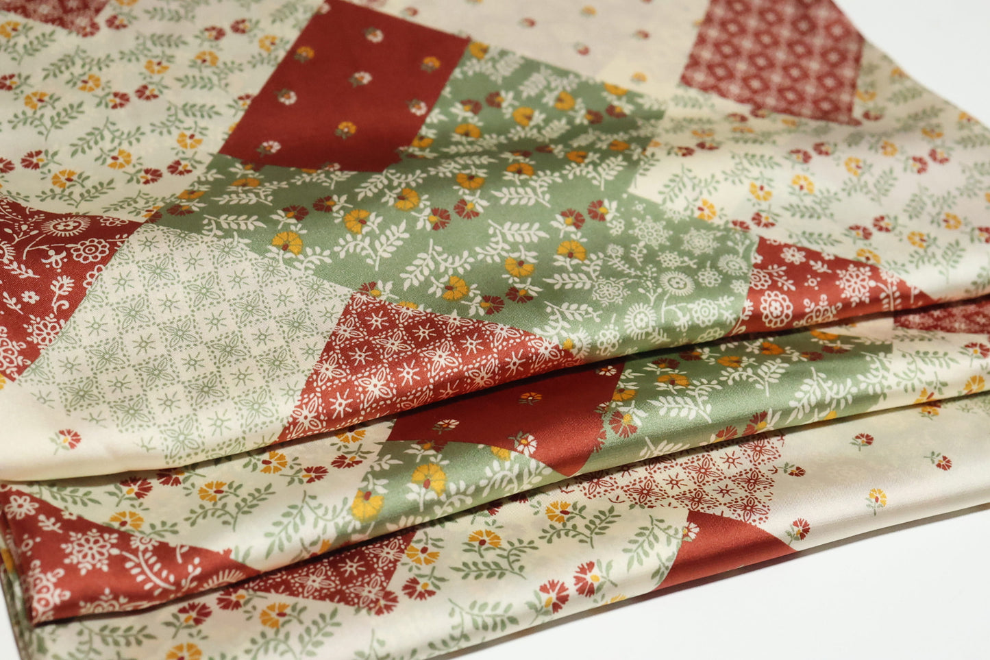 (Satin) Tan/Green Patchwork NO STRETCH