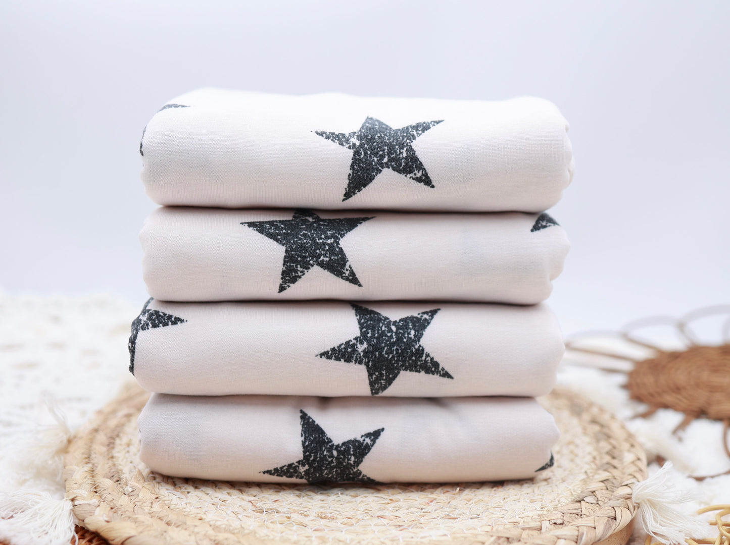 (French Terry) Navy Distressed Stars On Oatmeal