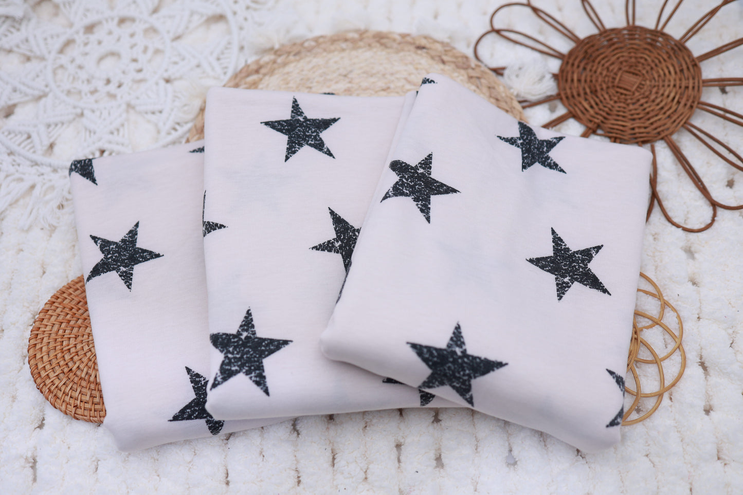 (French Terry) Navy Distressed Stars On Oatmeal