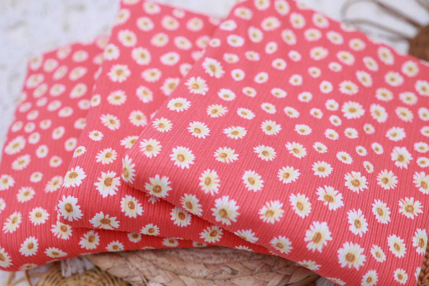 (4X2 Rib) Coral With White Daisy