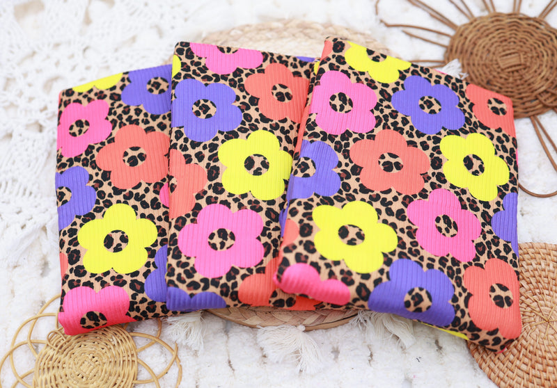 (Rib) Bright Florals On Leopard Purple/Orange/Pink/Yellow