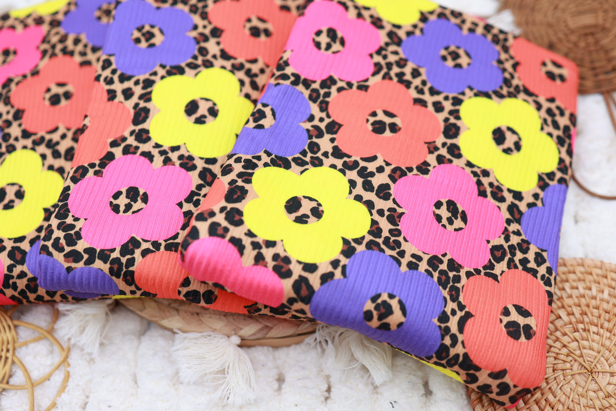 (Rib) Bright Florals On Leopard Purple/Orange/Pink/Yellow