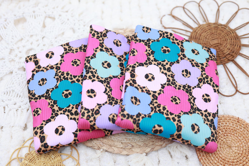 (Rib) Bright Florals On Leopard Purple/Pink/Teal/Mint