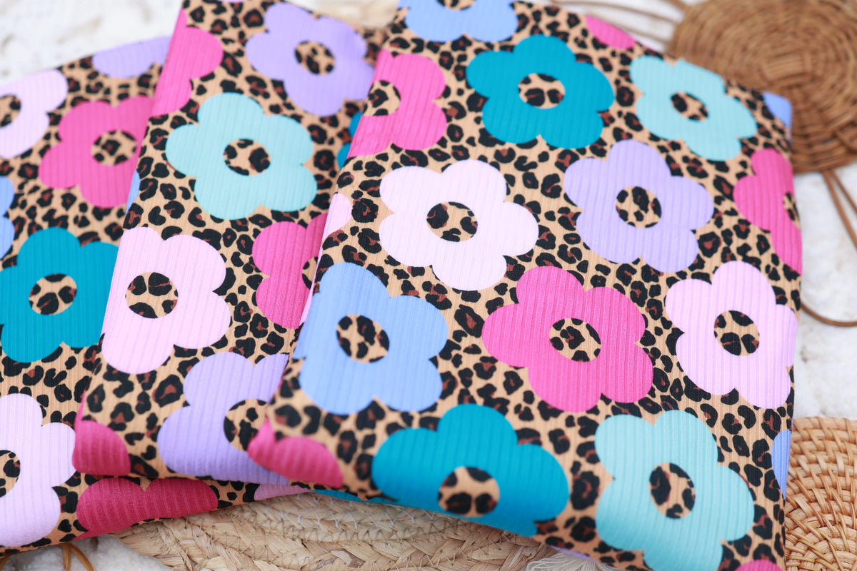 (Rib) Bright Florals On Leopard Purple/Pink/Teal/Mint