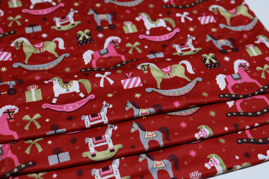 (DBP) Christmas Rocking Horses On Red