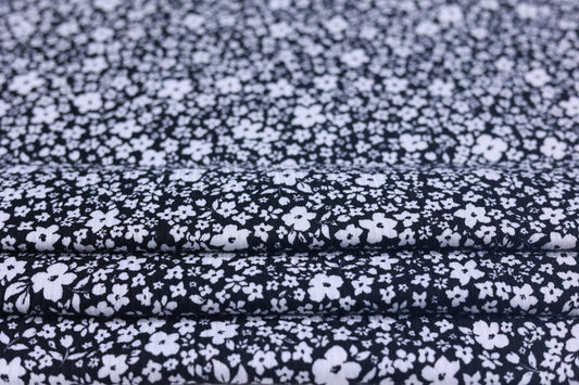 (Rib) White Ditsy Florals On Black