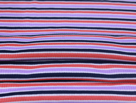 (Rib) Navy, Coral & Lavender Stripes