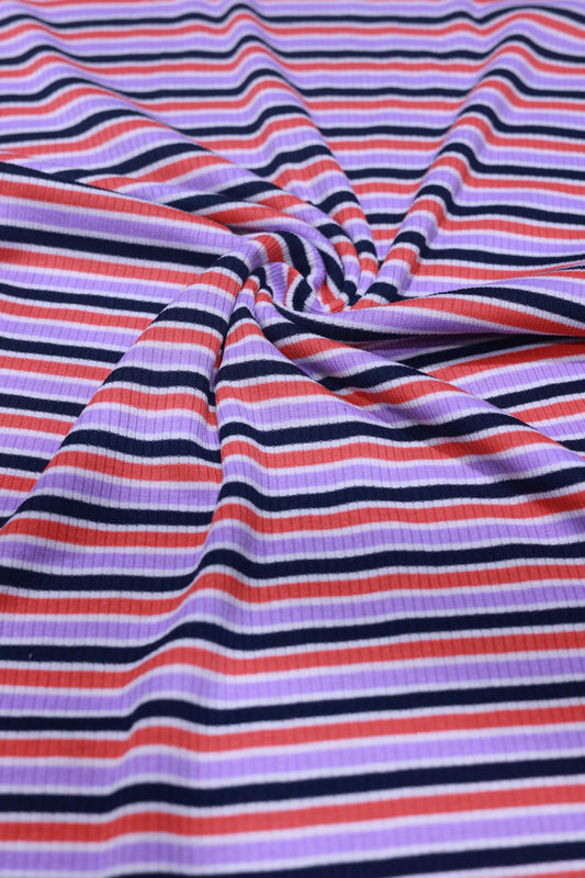 (Rib) Navy, Coral & Lavender Stripes