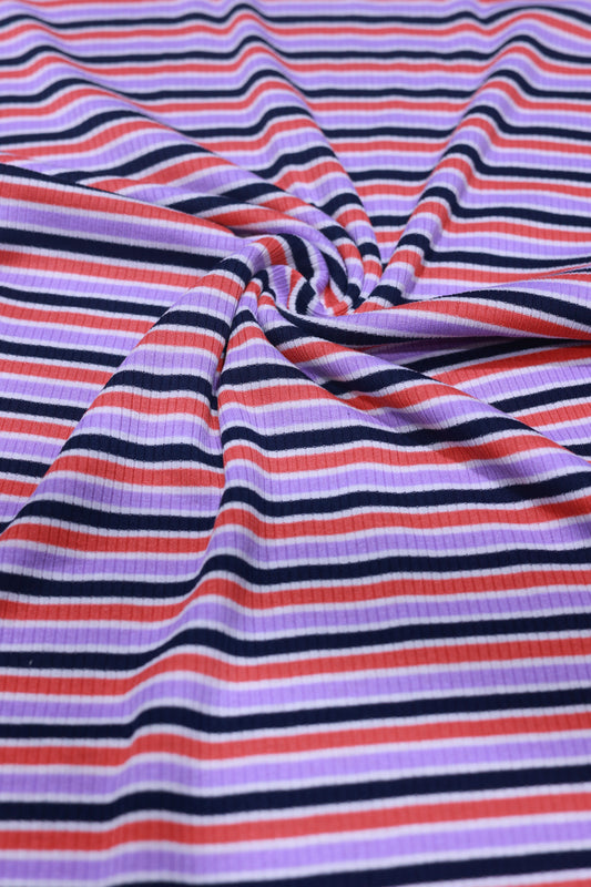 (Rib) Navy, Coral & Lavender Stripes