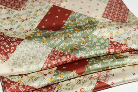 (Satin) Tan/Green Patchwork NO STRETCH
