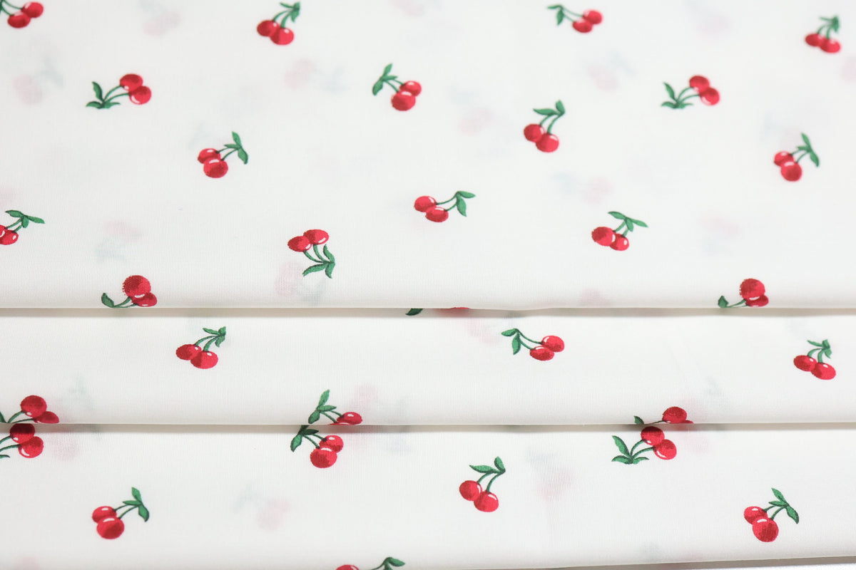(Cotton Span) Red Cherries On White