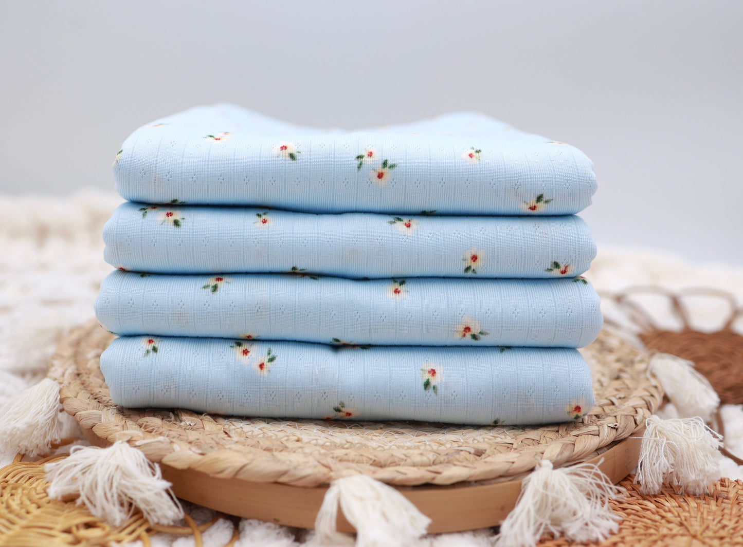 (Wide Rib) Sweet Floral On Blue Pointelle