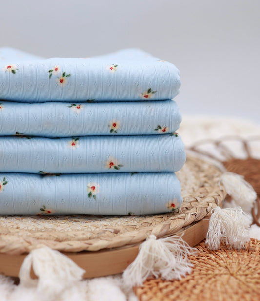 (Wide Rib) Sweet Floral On Blue Pointelle