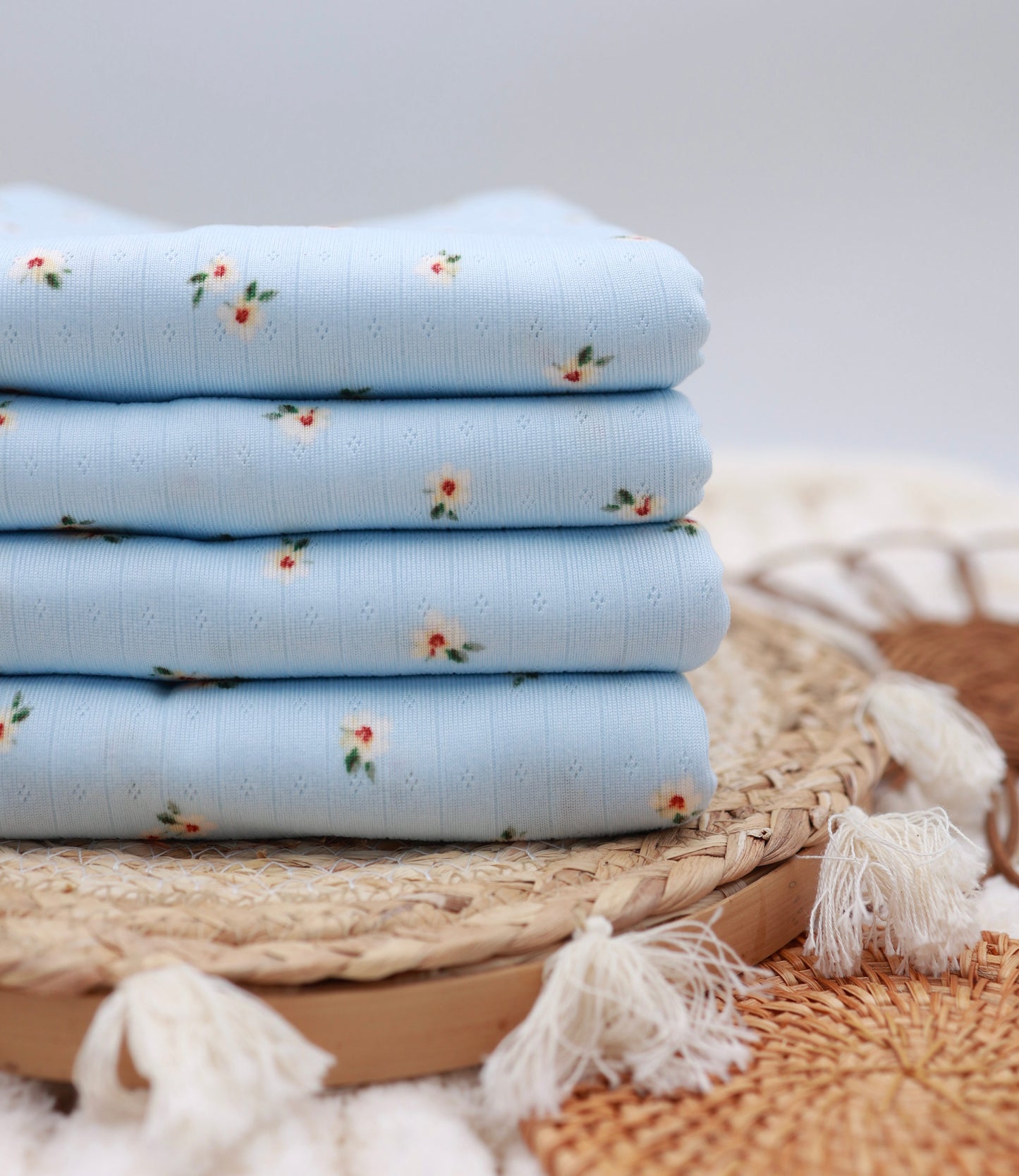 (Wide Rib) Sweet Floral On Blue Pointelle