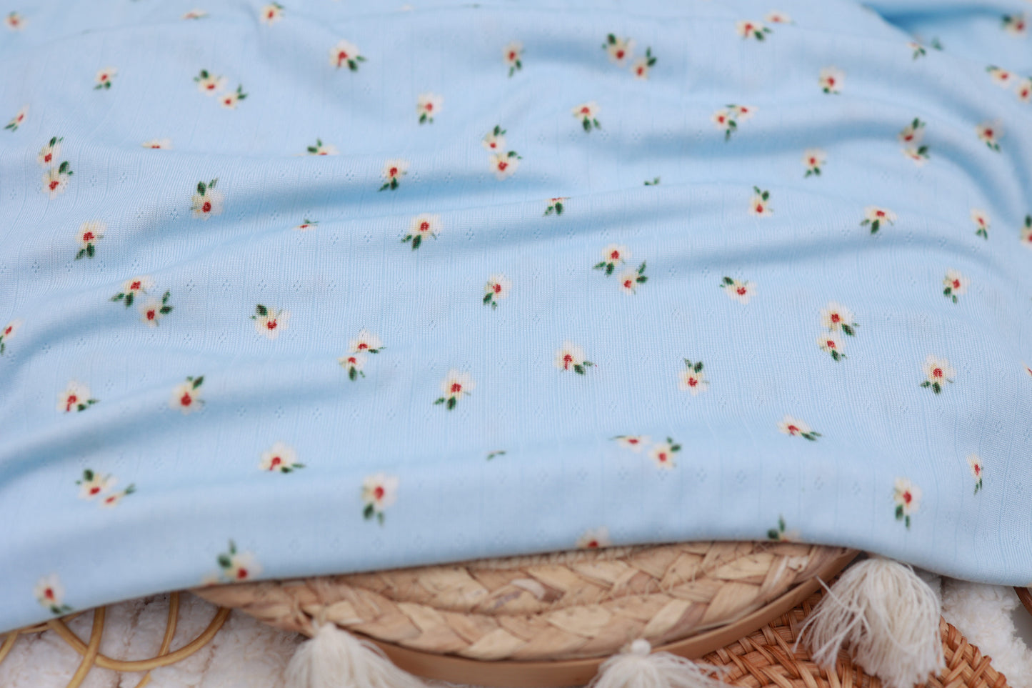 (Wide Rib) Sweet Floral On Blue Pointelle