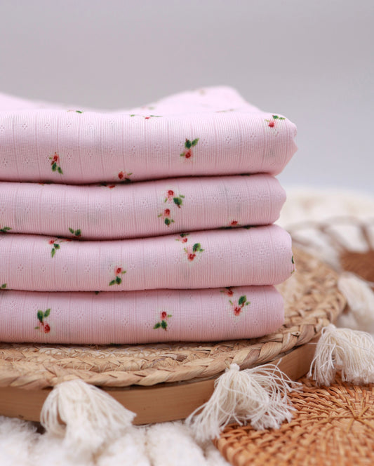 (Wide Rib) Sweet Floral On Pink Pointelle
