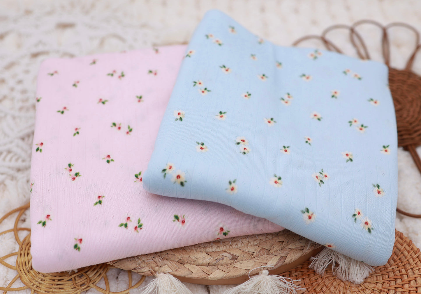 (Wide Rib) Sweet Floral On Pink Pointelle