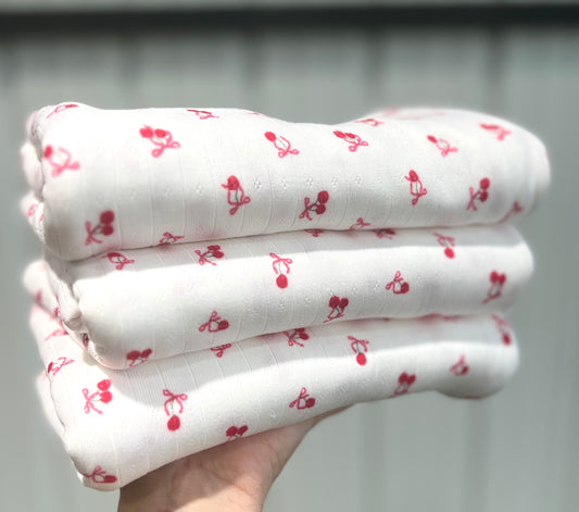 (Wide Rib) Pink Bow Cherries on White Pointelle