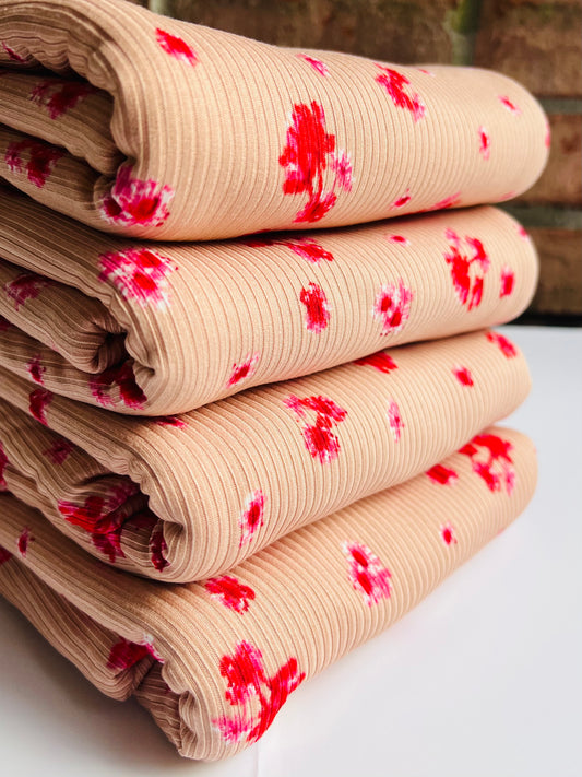 (Rib) Pink Ditsy Floral On Mauve